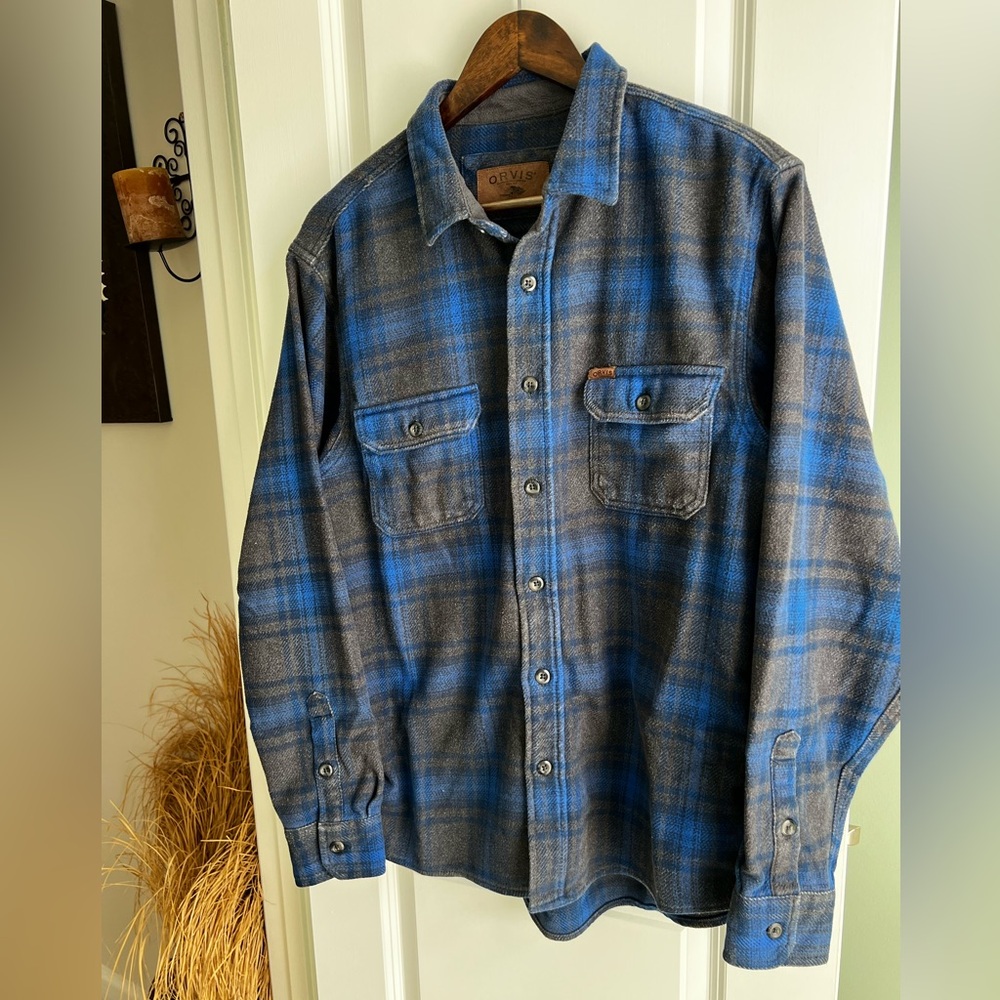 Orvis Men’s Big Bear Heavyweight Flannel Blue Gray Plaid Shirt Jacket Large